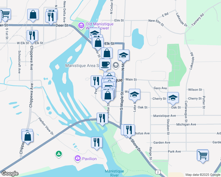 map of restaurants, bars, coffee shops, grocery stores, and more near 130 South Cedar Street in Manistique