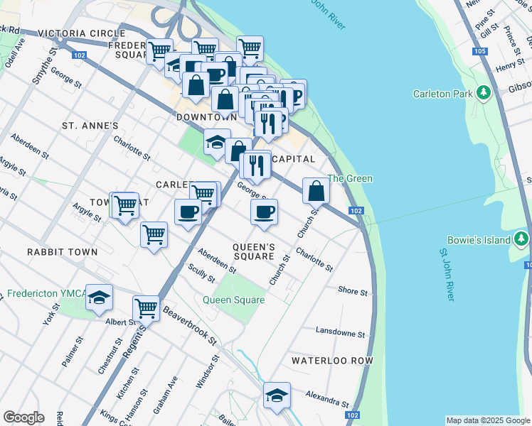 map of restaurants, bars, coffee shops, grocery stores, and more near in Fredericton