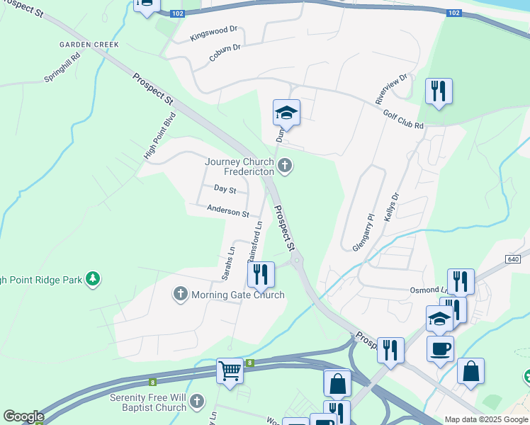 map of restaurants, bars, coffee shops, grocery stores, and more near 205 Rainsford Lane in Fredericton