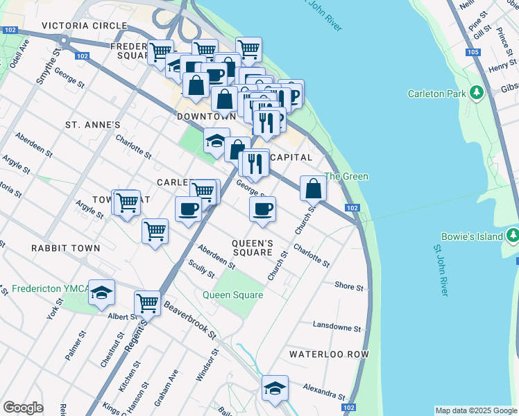 map of restaurants, bars, coffee shops, grocery stores, and more near in Fredericton