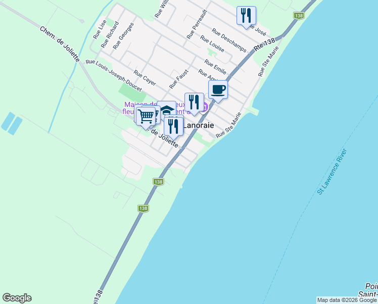 map of restaurants, bars, coffee shops, grocery stores, and more near 8 Rue du Couvent in Lanoraie