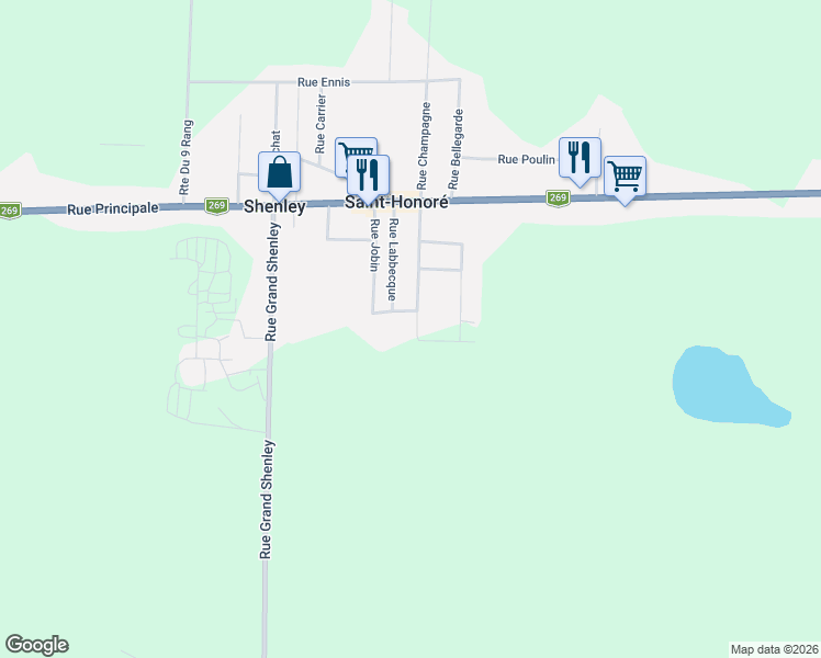 map of restaurants, bars, coffee shops, grocery stores, and more near 482 Rue Champagne in Saint-Honoré-de-Shenley