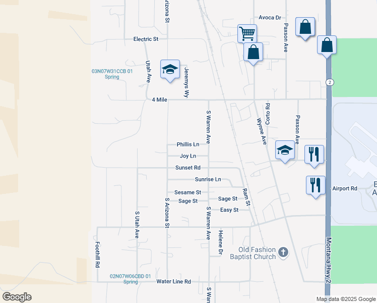 map of restaurants, bars, coffee shops, grocery stores, and more near 1370 Joy Lane in Butte
