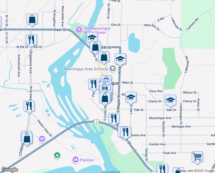 map of restaurants, bars, coffee shops, grocery stores, and more near 130 South Cedar Street in Manistique
