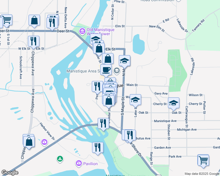 map of restaurants, bars, coffee shops, grocery stores, and more near 130 South Cedar Street in Manistique