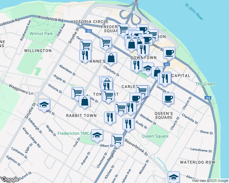 map of restaurants, bars, coffee shops, grocery stores, and more near 440 Needham Street in Fredericton