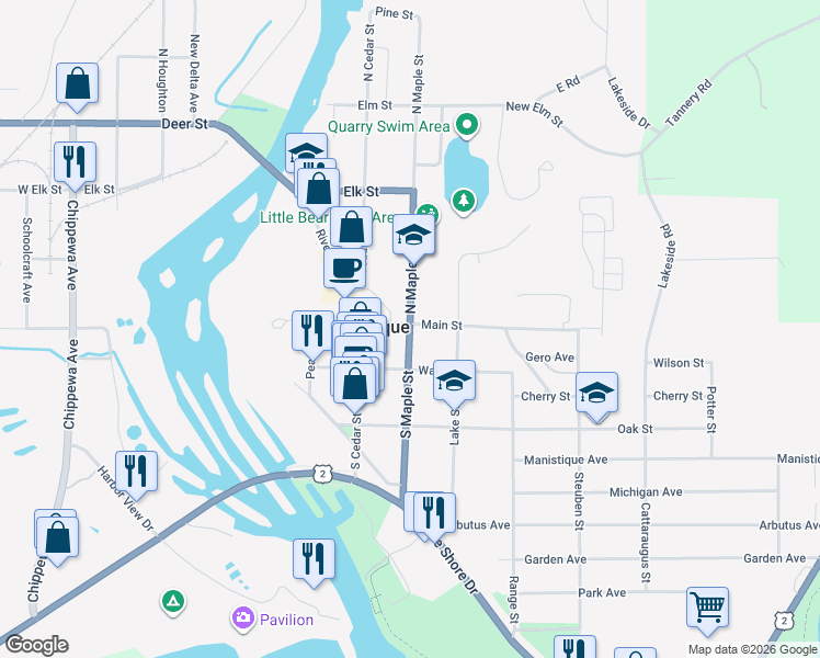 map of restaurants, bars, coffee shops, grocery stores, and more near Michigan 94 in Manistique