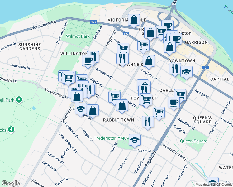 map of restaurants, bars, coffee shops, grocery stores, and more near 280 Aberdeen Street in Fredericton