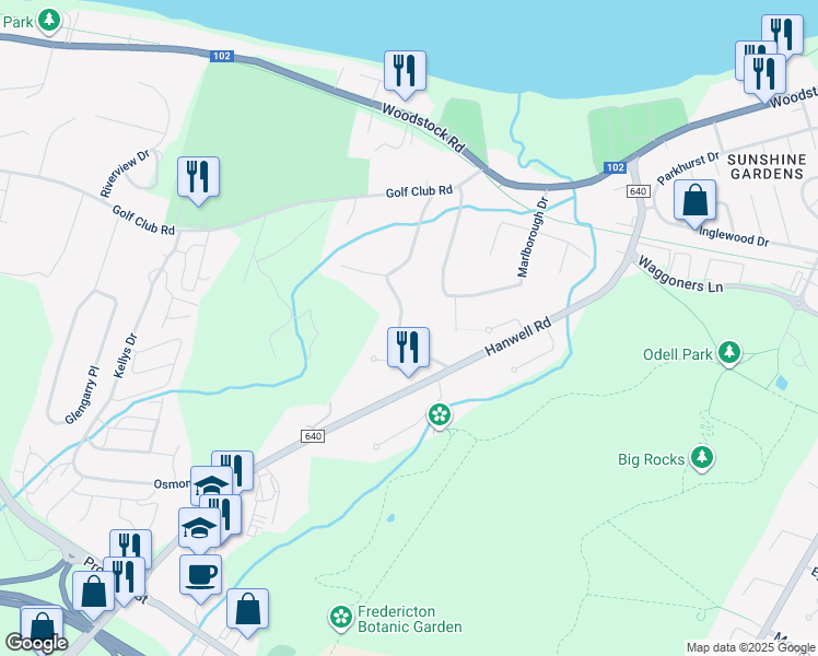 map of restaurants, bars, coffee shops, grocery stores, and more near 218 Colonial Heights in Fredericton
