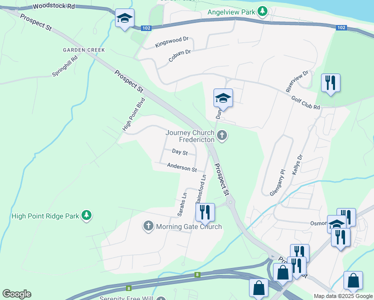 map of restaurants, bars, coffee shops, grocery stores, and more near 98 Garden Street in Fredericton