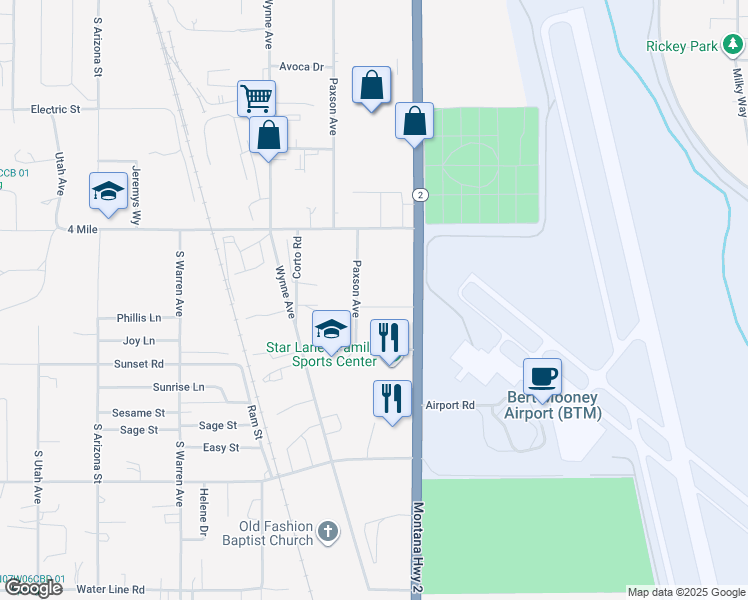 map of restaurants, bars, coffee shops, grocery stores, and more near 4040 Paxson Avenue in Butte