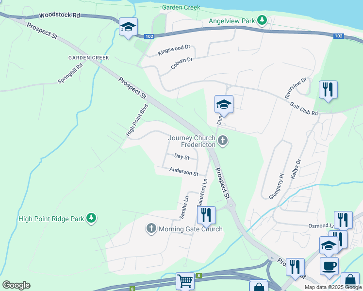 map of restaurants, bars, coffee shops, grocery stores, and more near 98 Garden Street in Fredericton