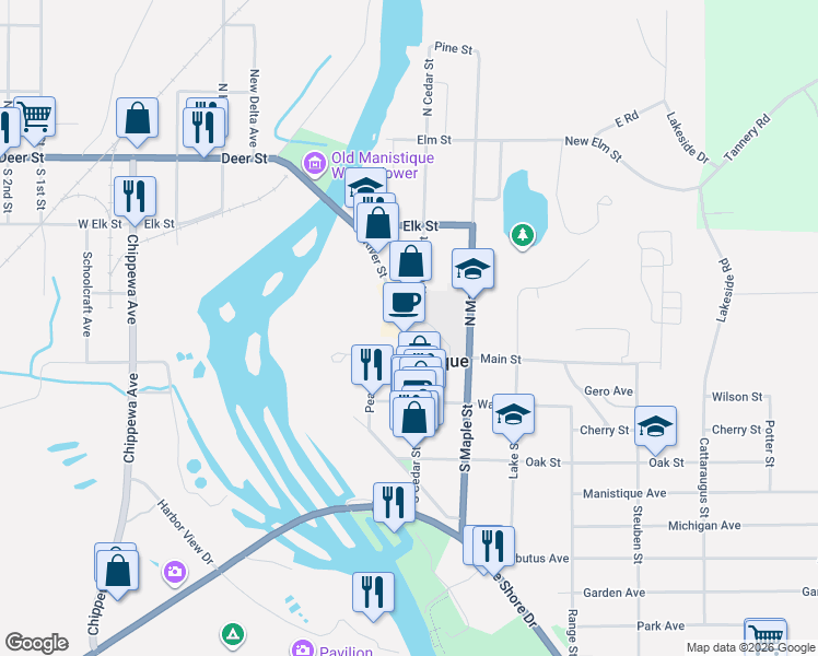 map of restaurants, bars, coffee shops, grocery stores, and more near in Manistique