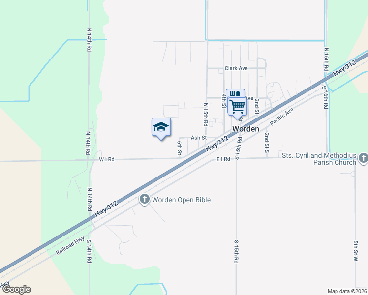 map of restaurants, bars, coffee shops, grocery stores, and more near 2407 6th Street in Worden