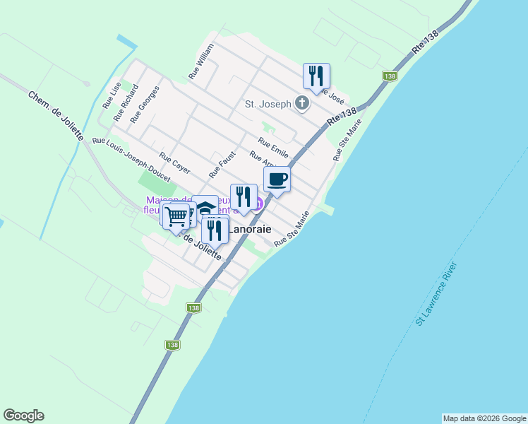 map of restaurants, bars, coffee shops, grocery stores, and more near 388 Rue Notre-Dame in Lanoraie