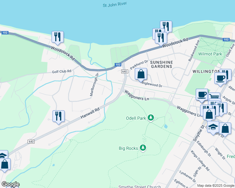 map of restaurants, bars, coffee shops, grocery stores, and more near 217 Hanwell Road in Fredericton