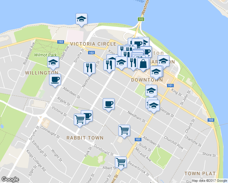 map of restaurants, bars, coffee shops, grocery stores, and more near in Fredericton