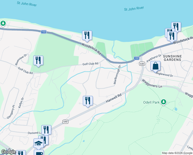 map of restaurants, bars, coffee shops, grocery stores, and more near 206 Marlborough Drive in Fredericton