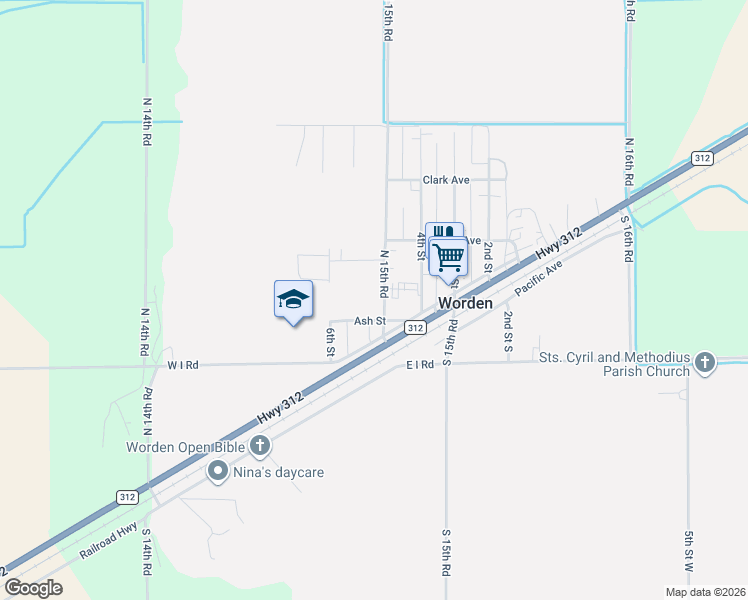 map of restaurants, bars, coffee shops, grocery stores, and more near 2424 North 15th Road in Worden