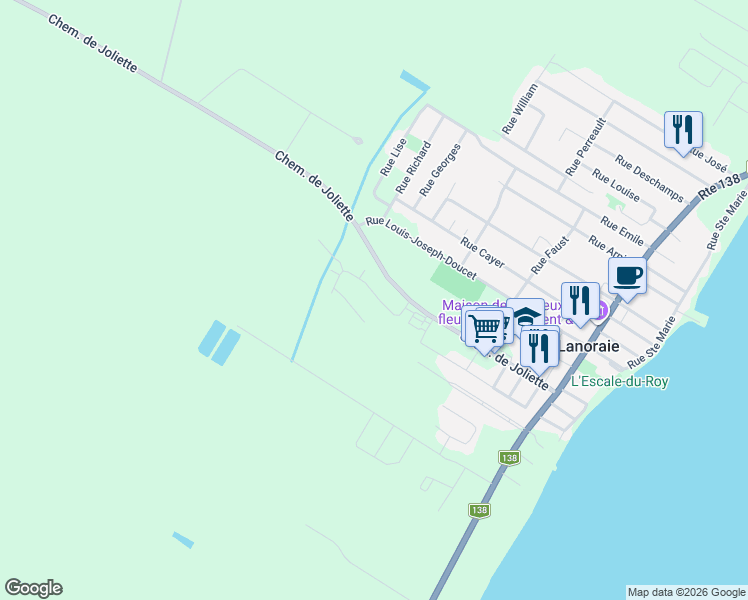 map of restaurants, bars, coffee shops, grocery stores, and more near 80 Rue François-Laliberté in Lanoraie