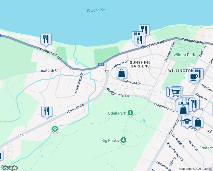 map of restaurants, bars, coffee shops, grocery stores, and more near 158 Hanwell Road in Fredericton