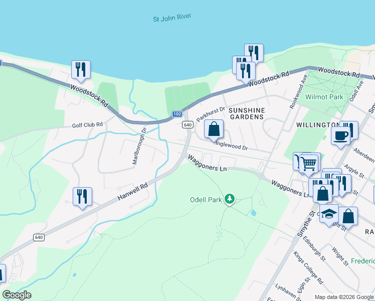 map of restaurants, bars, coffee shops, grocery stores, and more near 158 Hanwell Road in Fredericton