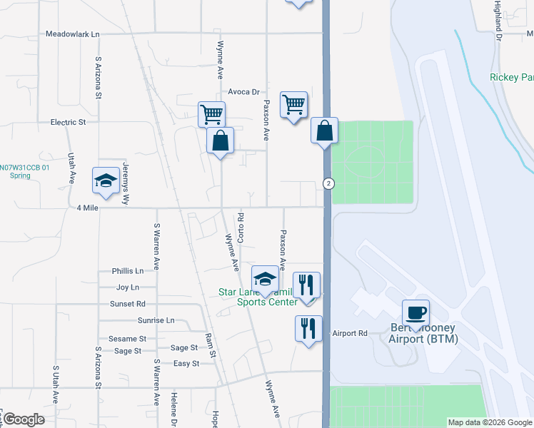 map of restaurants, bars, coffee shops, grocery stores, and more near 1750 4 Mile Road in Butte