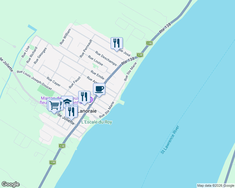 map of restaurants, bars, coffee shops, grocery stores, and more near 423 Rue Sainte-Marie in Lanoraie