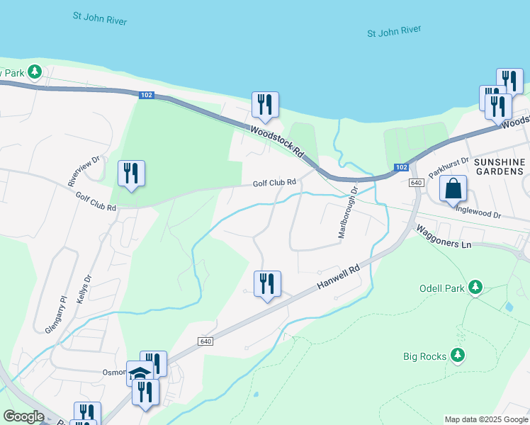 map of restaurants, bars, coffee shops, grocery stores, and more near 79 Colonial Heights in Fredericton