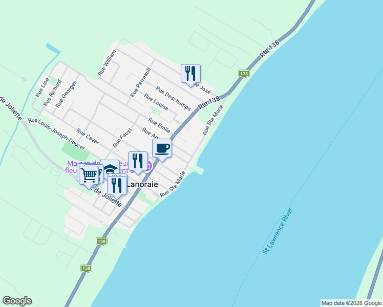 map of restaurants, bars, coffee shops, grocery stores, and more near 423 Rue Sainte-Marie in Lanoraie