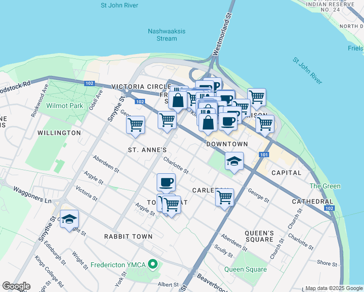 map of restaurants, bars, coffee shops, grocery stores, and more near 347 George Street in Fredericton