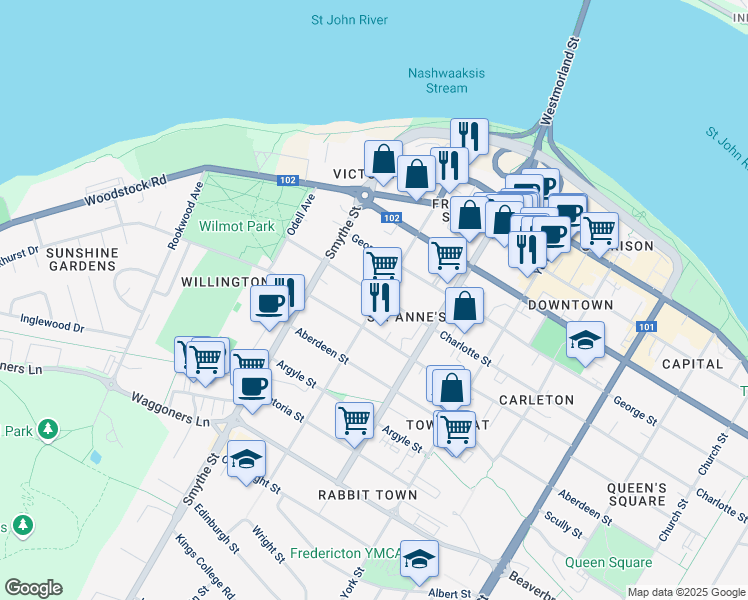 map of restaurants, bars, coffee shops, grocery stores, and more near 253 Northumberland Street in Fredericton