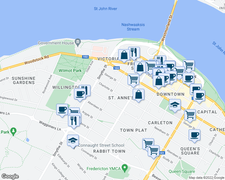 map of restaurants, bars, coffee shops, grocery stores, and more near 197 Charlotte Street in Fredericton