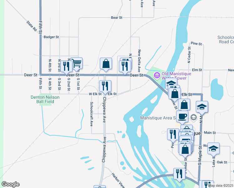 map of restaurants, bars, coffee shops, grocery stores, and more near 144 South Mackinac Avenue in Manistique