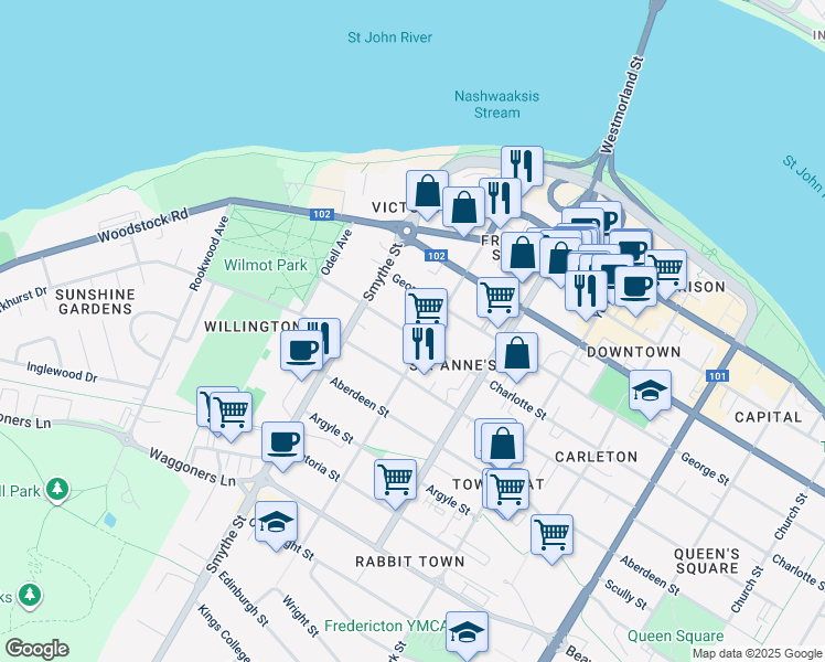 map of restaurants, bars, coffee shops, grocery stores, and more near 197 Charlotte Street in Fredericton