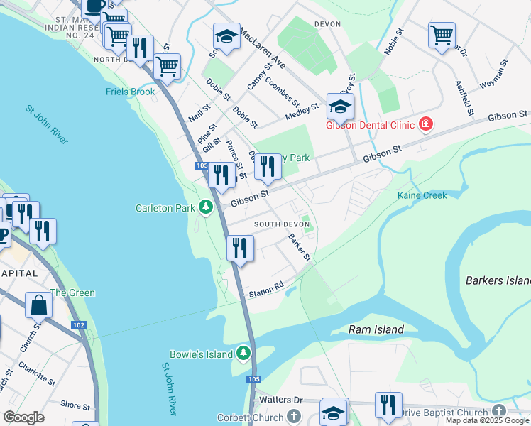 map of restaurants, bars, coffee shops, grocery stores, and more near Miles Street in Fredericton