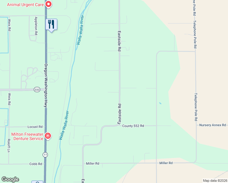 map of restaurants, bars, coffee shops, grocery stores, and more near 84488 Eastside Road in Milton-Freewater