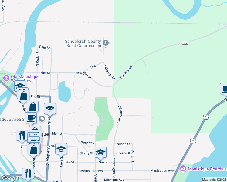 map of restaurants, bars, coffee shops, grocery stores, and more near Lakeside Road in Manistique