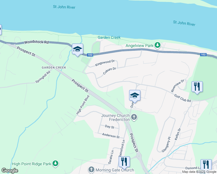 map of restaurants, bars, coffee shops, grocery stores, and more near 678 Golf Club Road in Fredericton