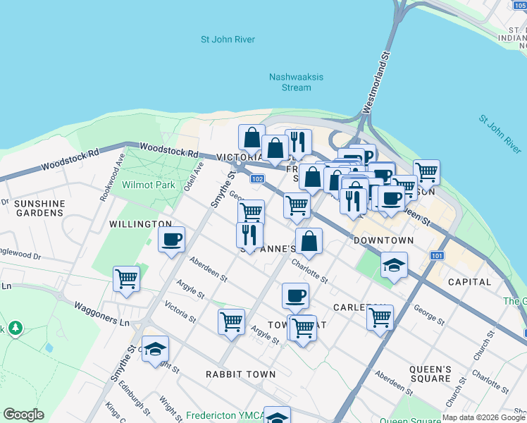 map of restaurants, bars, coffee shops, grocery stores, and more near Northumberland Street in Fredericton
