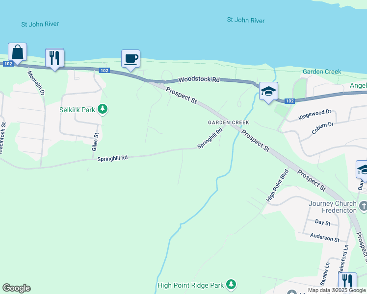 map of restaurants, bars, coffee shops, grocery stores, and more near 125 Springhill Road in Fredericton