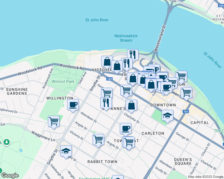 map of restaurants, bars, coffee shops, grocery stores, and more near 190 Brunswick Street in Fredericton