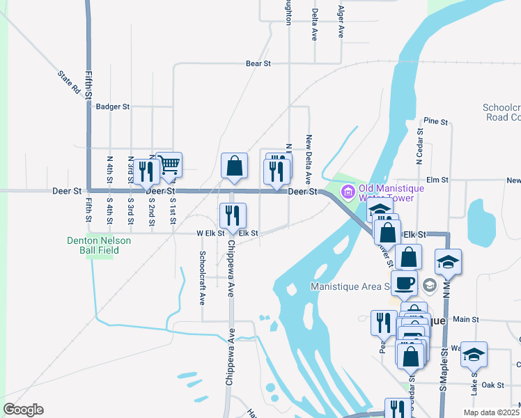 map of restaurants, bars, coffee shops, grocery stores, and more near 100-144 S Mackinac Ave in Manistique
