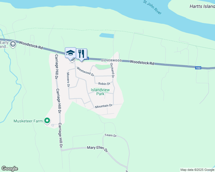 map of restaurants, bars, coffee shops, grocery stores, and more near 10 Robin Drive in Fredericton