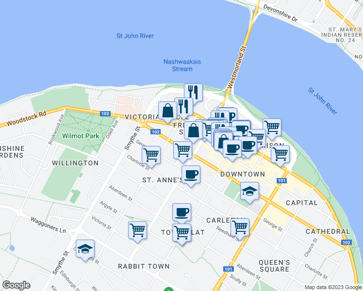 map of restaurants, bars, coffee shops, grocery stores, and more near in Fredericton