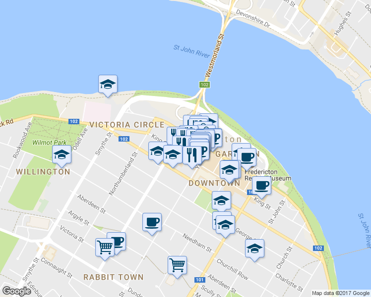 map of restaurants, bars, coffee shops, grocery stores, and more near 339 King Street in Fredericton