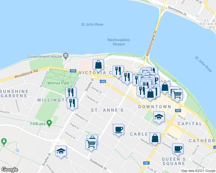 map of restaurants, bars, coffee shops, grocery stores, and more near 190 Brunswick Street in Fredericton