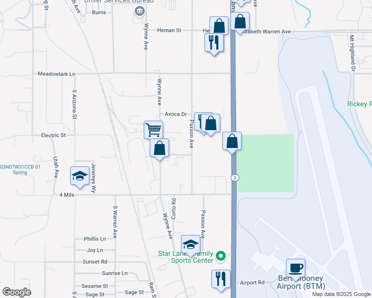 map of restaurants, bars, coffee shops, grocery stores, and more near 45 Sportsman Way in Butte