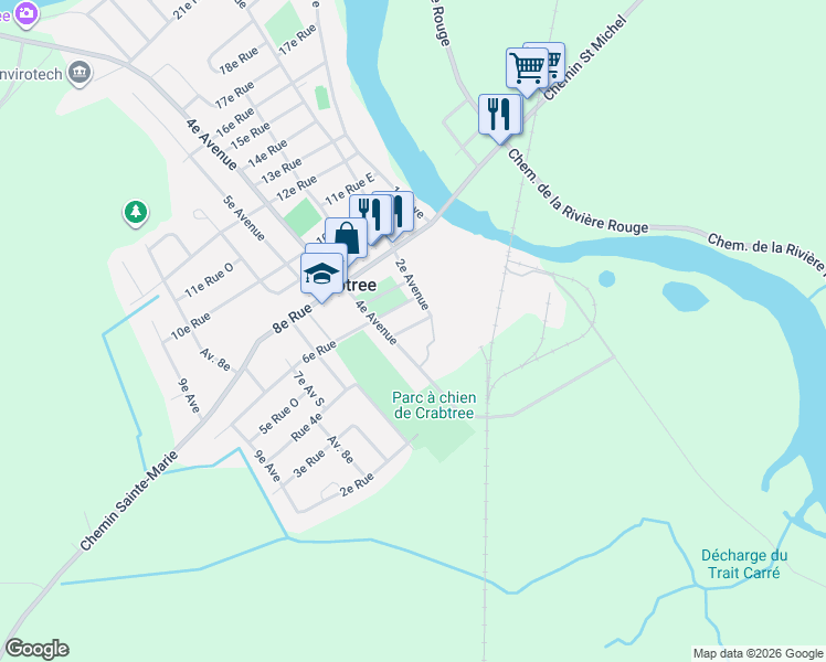 map of restaurants, bars, coffee shops, grocery stores, and more near 93 5e Rue Est in Crabtree