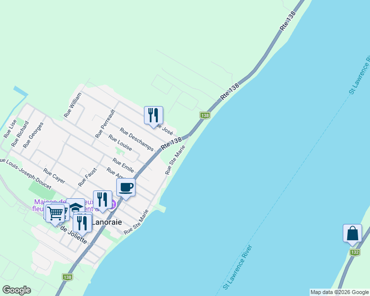 map of restaurants, bars, coffee shops, grocery stores, and more near 474 Rue Sainte-Marie in Lanoraie